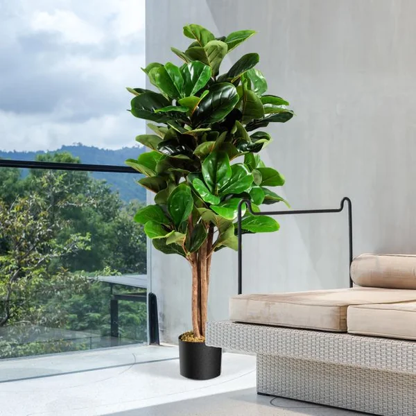 Plante Artificielle 120CM avec Pot Décoration en PP Souple Fausse Figuier à Feuilles de Violon 118 Feuilles en PEVA