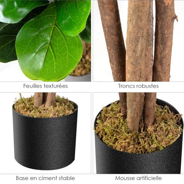 Plante Artificielle 120CM avec Pot Décoration en PP Souple Fausse Figuier à Feuilles de Violon 118 Feuilles en PEVA