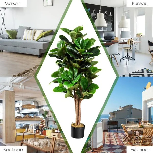 Plante Artificielle 120CM avec Pot Décoration en PP Souple Fausse Figuier à Feuilles de Violon 118 Feuilles en PEVA