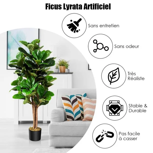 Plante Artificielle 120CM avec Pot Décoration en PP Souple Fausse Figuier à Feuilles de Violon 118 Feuilles en PEVA