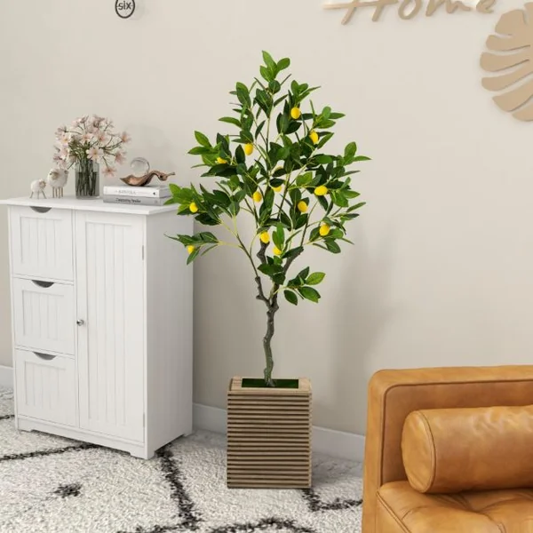 Plante Artificielle de 120CM avec Pot Rempli de Ciment Citronnier Artificiel avec Plante Verte Tronc Réaliste Mousse Simulée Fausse