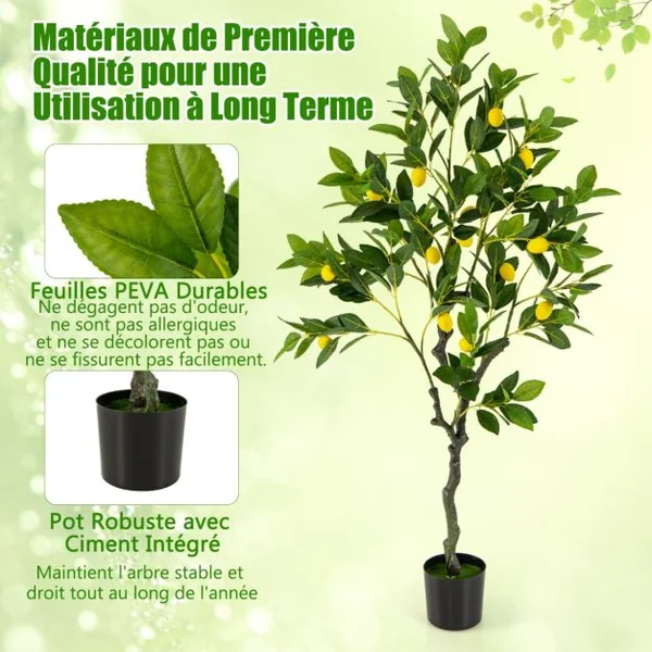 Plante Artificielle de 120CM avec Pot Rempli de Ciment Citronnier Artificiel avec Plante Verte Tronc Réaliste Mousse Simulée Fausse