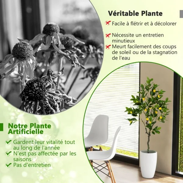 Plante Artificielle de 120CM avec Pot Rempli de Ciment Citronnier Artificiel avec Plante Verte Tronc Réaliste Mousse Simulée Fausse