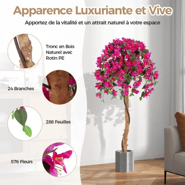 Plante Artificielle de 135CM avec Base en Ciment Fausse Azalées 312 Fleurs 624 Feuilles Sans Entretien pour Salon Balcon