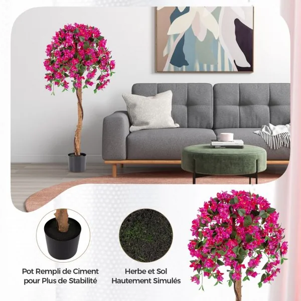Plante Artificielle de 135CM avec Base en Ciment Fausse Azalées 312 Fleurs 624 Feuilles Sans Entretien pour Salon Balcon