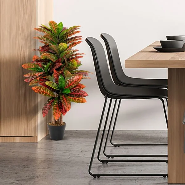 Plante Artificielle de Croton de 100 Cm Fausse Plante de Croton Feuilles Panachées Colorées Tronc en Bois Naturel Pot Rempli de Ciment Aucun Entretien Multicolore