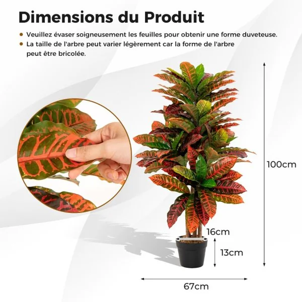Plante Artificielle de Croton de 100 Cm Fausse Plante de Croton Feuilles Panachées Colorées Tronc en Bois Naturel Pot Rempli de Ciment Aucun Entretien Multicolore