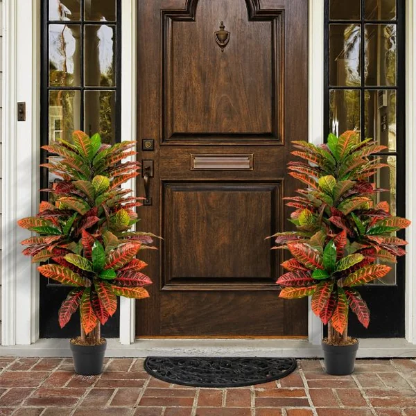 Plante Artificielle de Croton de 100 Cm Fausse Plante de Croton Feuilles Panachées Colorées Tronc en Bois Naturel Pot Rempli de Ciment Aucun Entretien Multicolore