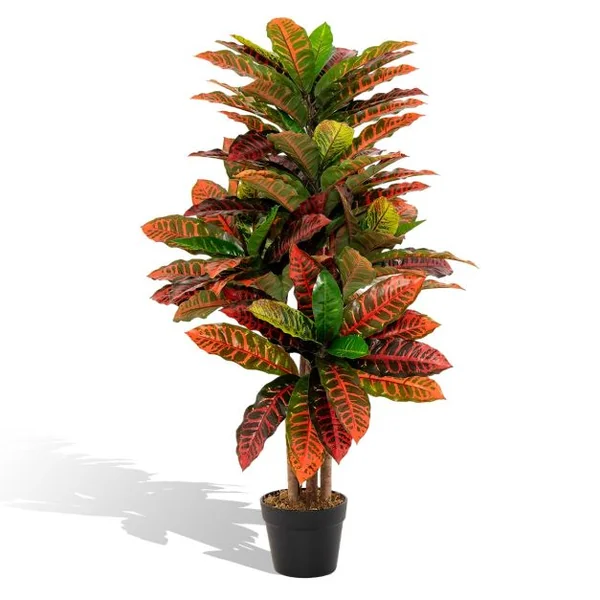 Plante Artificielle de Croton de 100 Cm Fausse Plante de Croton Feuilles Panachées Colorées Tronc en Bois Naturel Pot Rempli de Ciment Aucun Entretien Multicolore