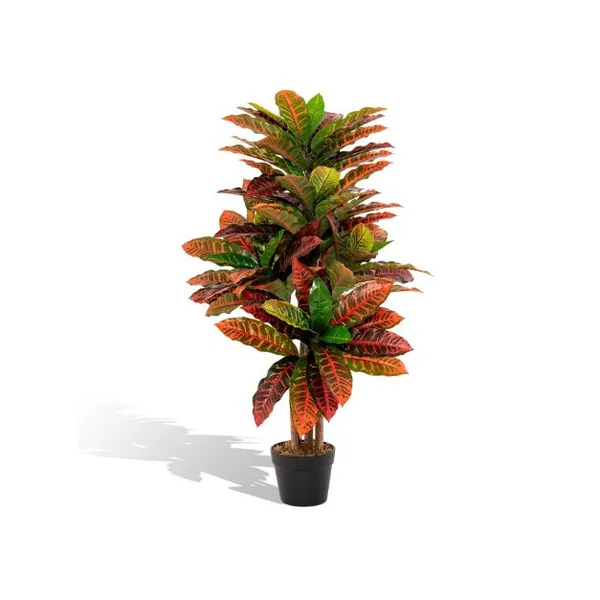 Plante Artificielle de Croton de 100 Cm Fausse Plante de Croton Feuilles Panachées Colorées Tronc en Bois Naturel Pot Rempli de Ciment Aucun Entretien Multicolore
