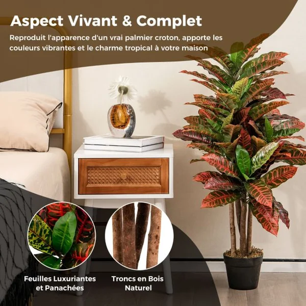 Plante Artificielle de Croton de 100 Cm Fausse Plante de Croton Feuilles Panachées Colorées Tronc en Bois Naturel Pot Rempli de Ciment Aucun Entretien Multicolore