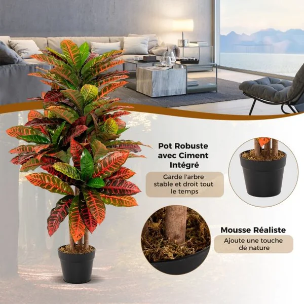 Plante Artificielle de Croton de 100 Cm Fausse Plante de Croton Feuilles Panachées Colorées Tronc en Bois Naturel Pot Rempli de Ciment Aucun Entretien Multicolore