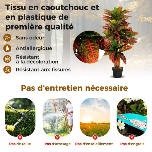 Plante Artificielle de Croton de 100 Cm Fausse Plante de Croton Feuilles Panachées Colorées Tronc en Bois Naturel Pot Rempli de Ciment Aucun Entretien Multicolore