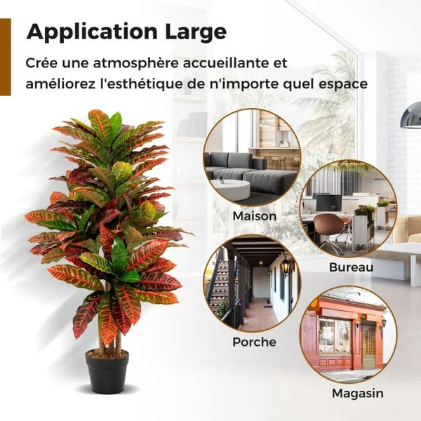 Plante Artificielle de Croton de 100 Cm Fausse Plante de Croton Feuilles Panachées Colorées Tronc en Bois Naturel Pot Rempli de Ciment Aucun Entretien Multicolore