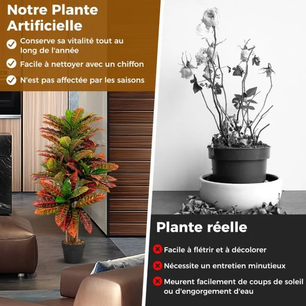 Plante Artificielle de Croton de 100 Cm Fausse Plante de Croton Feuilles Panachées Colorées Tronc en Bois Naturel Pot Rempli de Ciment Aucun Entretien Multicolore