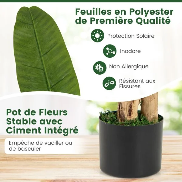 Plante Artificielle en Pot de 150cm en Plastique Pot en Ciment 2 Mousse avec 18 Grandes Feuilles pour Bureau Maison