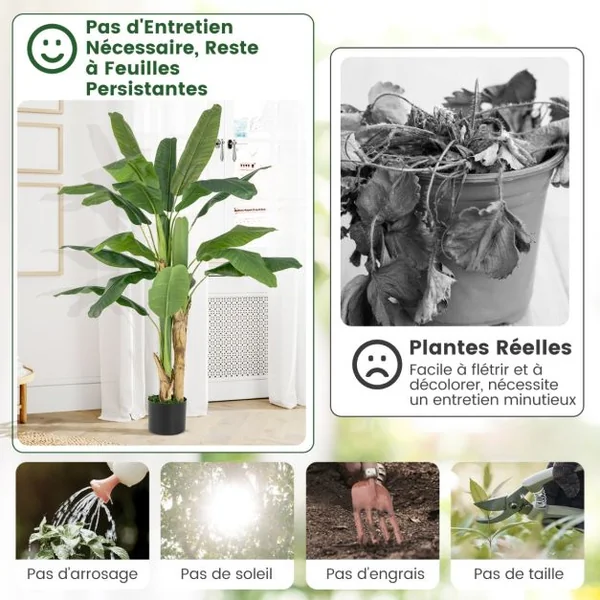 Plante Artificielle en Pot de 150cm en Plastique Pot en Ciment 2 Mousse avec 18 Grandes Feuilles pour Bureau Maison