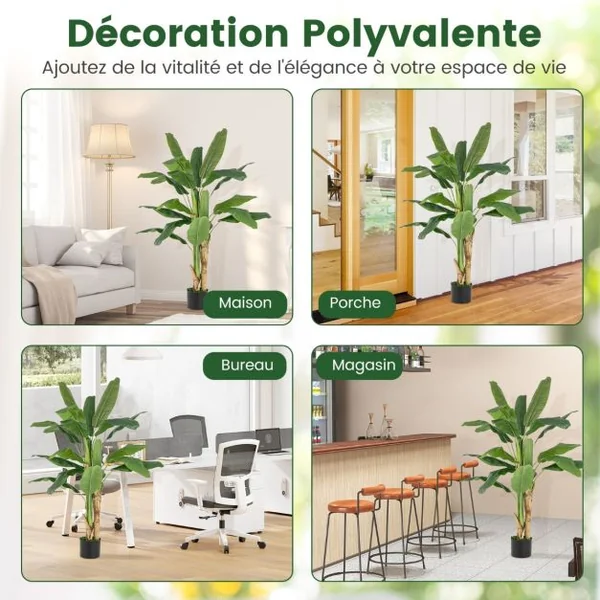 Plante Artificielle en Pot de 150cm en Plastique Pot en Ciment 2 Mousse avec 18 Grandes Feuilles pour Bureau Maison