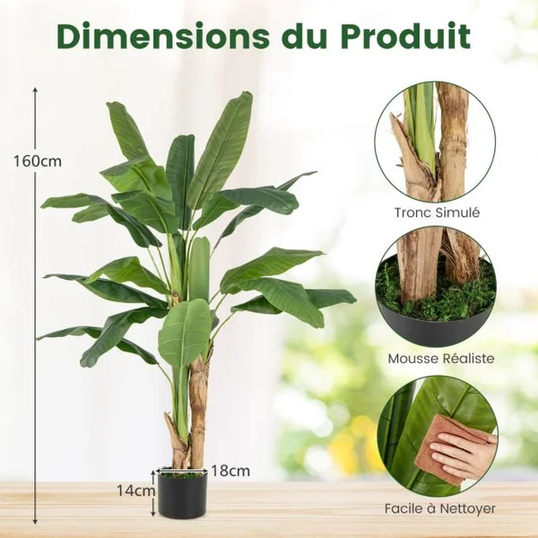 Plante Artificielle en Pot de 150cm en Plastique Pot en Ciment 2 Mousse avec 18 Grandes Feuilles pour Bureau Maison