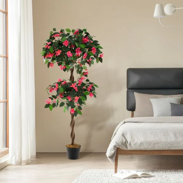Plante Artificielle en Pot Remplies de Ciment 150CM avec 252 Fleurs Fausse Bougainvillier avec Tronc en Bois Véritable