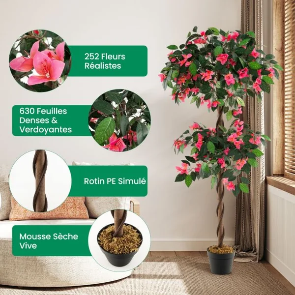 Plante Artificielle en Pot Remplies de Ciment 150CM avec 252 Fleurs Fausse Bougainvillier avec Tronc en Bois Véritable