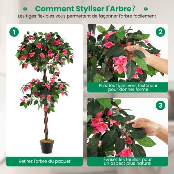 Plante Artificielle en Pot Remplies de Ciment 150CM avec 252 Fleurs Fausse Bougainvillier avec Tronc en Bois Véritable