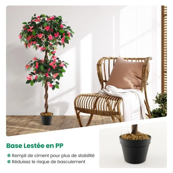 Plante Artificielle en Pot Remplies de Ciment 150CM avec 252 Fleurs Fausse Bougainvillier avec Tronc en Bois Véritable