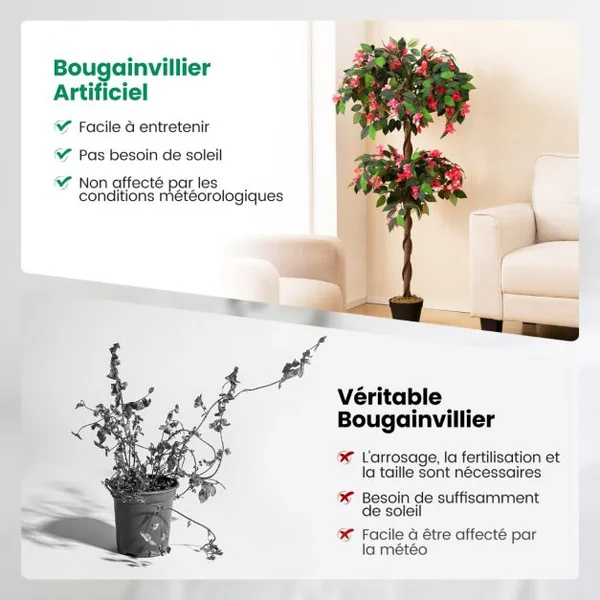 Plante Artificielle en Pot Remplies de Ciment 150CM avec 252 Fleurs Fausse Bougainvillier avec Tronc en Bois Véritable