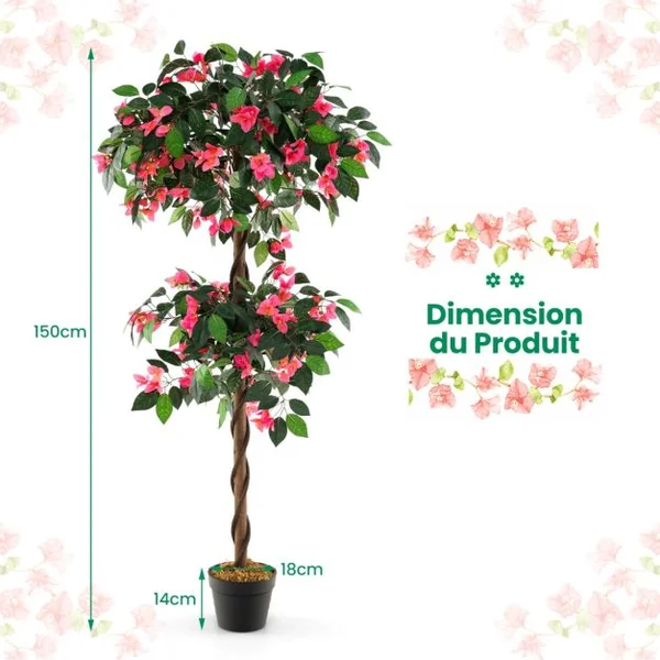Plante Artificielle en Pot Remplies de Ciment 150CM avec 252 Fleurs Fausse Bougainvillier avec Tronc en Bois Véritable