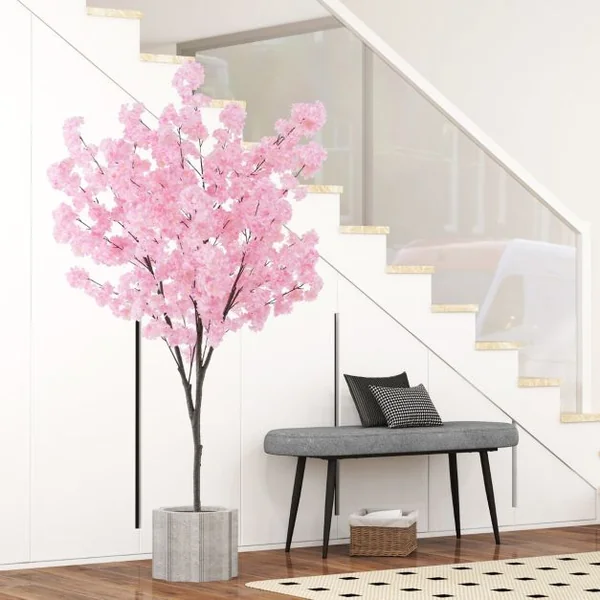 Plante Artificielle en Pot Remplies de Ciment 190CM avec 1170 Fleurs Roses Fausse Cerisier avec Troncs de PE Simulés Bureau