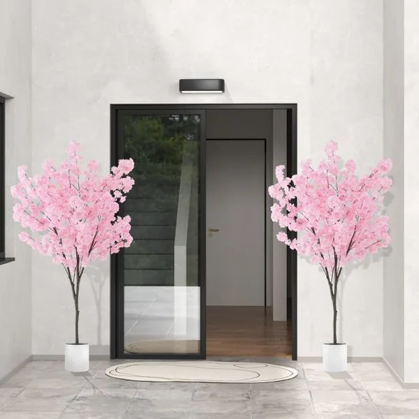 Plante Artificielle en Pot Remplies de Ciment 190CM avec 1170 Fleurs Roses Fausse Cerisier avec Troncs de PE Simulés Bureau