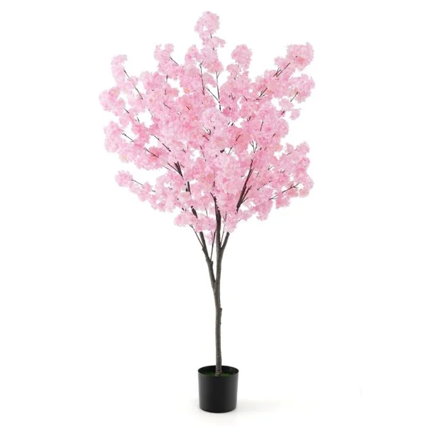 Plante Artificielle en Pot Remplies de Ciment 190CM avec 1170 Fleurs Roses Fausse Cerisier avec Troncs de PE Simulés Bureau