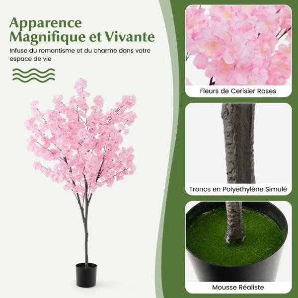 Plante Artificielle en Pot Remplies de Ciment 190CM avec 1170 Fleurs Roses Fausse Cerisier avec Troncs de PE Simulés Bureau