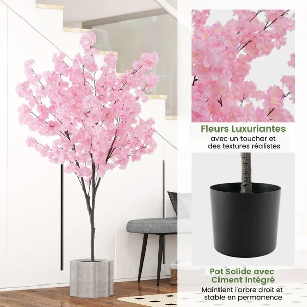 Plante Artificielle en Pot Remplies de Ciment 190CM avec 1170 Fleurs Roses Fausse Cerisier avec Troncs de PE Simulés Bureau