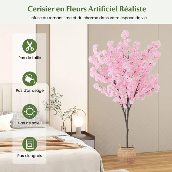 Plante Artificielle en Pot Remplies de Ciment 190CM avec 1170 Fleurs Roses Fausse Cerisier avec Troncs de PE Simulés Bureau