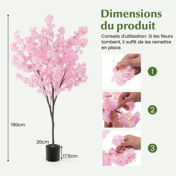 Plante Artificielle en Pot Remplies de Ciment 190CM avec 1170 Fleurs Roses Fausse Cerisier avec Troncs de PE Simulés Bureau