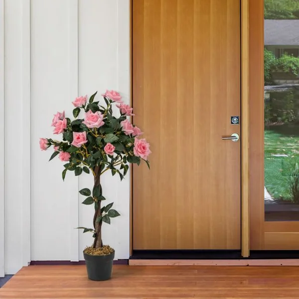 Plante Artificielle en Pot Remplies de Ciment 93CM avec 21 Roses Fausse Rosier à Fleurs avec Décoration Moderne pour Salon Balcon Bureau