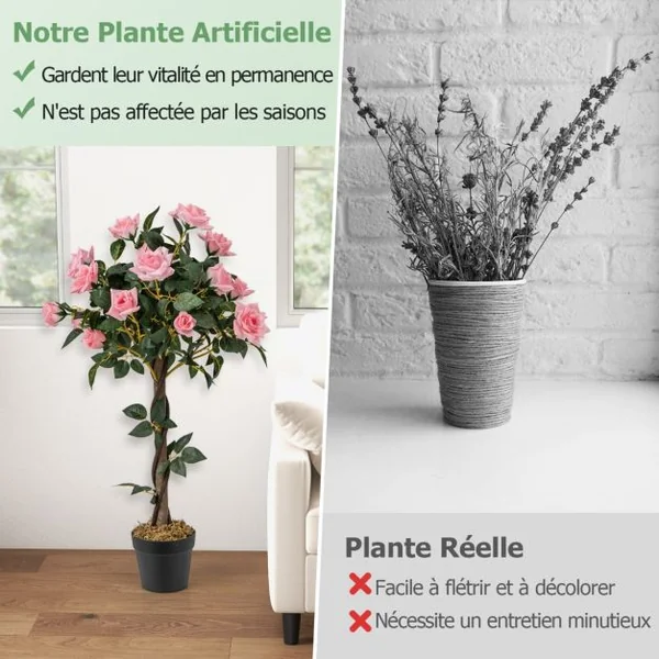 Plante Artificielle en Pot Remplies de Ciment 93CM avec 21 Roses Fausse Rosier à Fleurs avec Décoration Moderne pour Salon Balcon Bureau