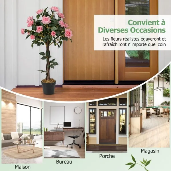 Plante Artificielle en Pot Remplies de Ciment 93CM avec 21 Roses Fausse Rosier à Fleurs avec Décoration Moderne pour Salon Balcon Bureau