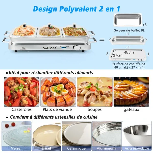 Plateau Chauffant Électrique 2 en 1 de 450 W Capacité de 9L Argent