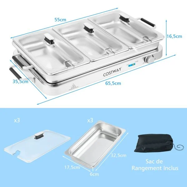 Plateau Chauffant Électrique 2 en 1 de 450 W Capacité de 9L Argent
