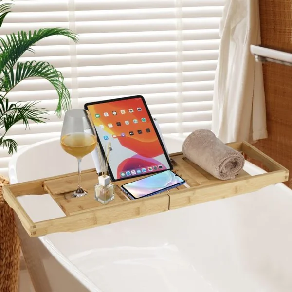 Plateau de Baignoire en Bambou Plateau de Bain Extensible avec Support de Livre Réglable Plateau de Rangement Latéral Porte-Boissons Naturel