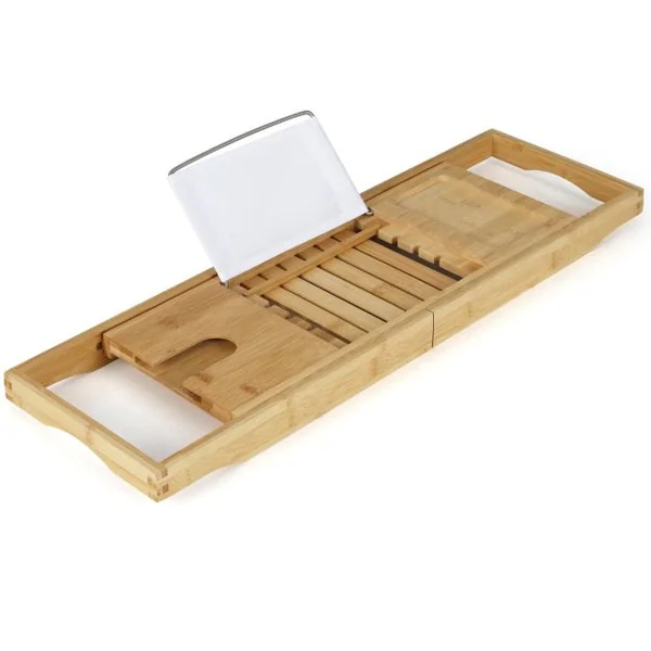 Plateau de Baignoire en Bambou Plateau de Bain Extensible avec Support de Livre Réglable Plateau de Rangement Latéral Porte-Boissons Naturel