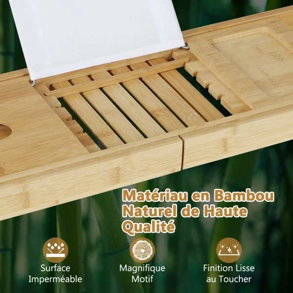 Plateau de Baignoire en Bambou Plateau de Bain Extensible avec Support de Livre Réglable Plateau de Rangement Latéral Porte-Boissons Naturel