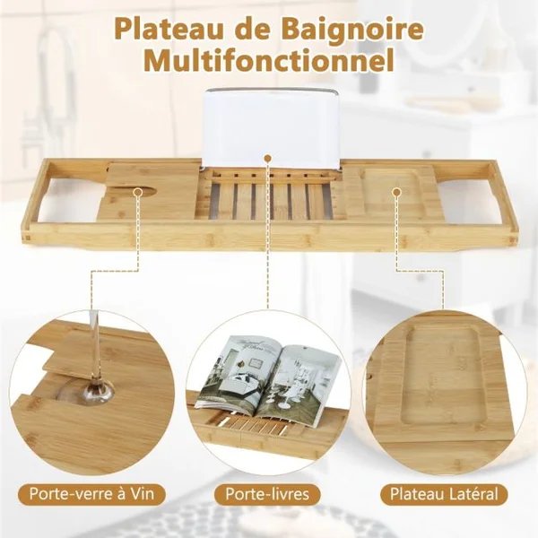 Plateau de Baignoire en Bambou Plateau de Bain Extensible avec Support de Livre Réglable Plateau de Rangement Latéral Porte-Boissons Naturel