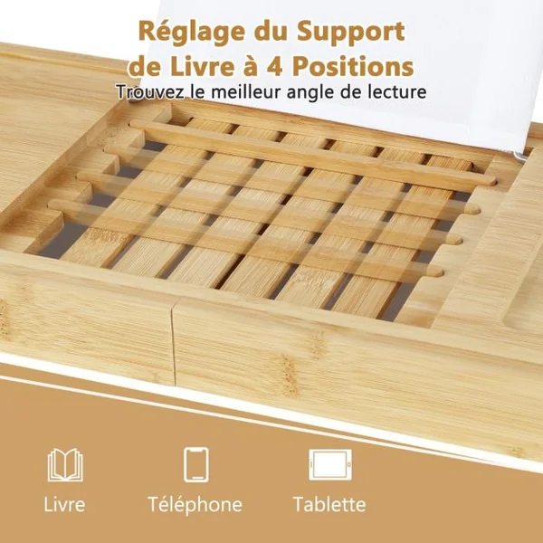 Plateau de Baignoire en Bambou Plateau de Bain Extensible avec Support de Livre Réglable Plateau de Rangement Latéral Porte-Boissons Naturel