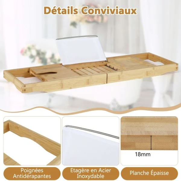Plateau de Baignoire en Bambou Plateau de Bain Extensible avec Support de Livre Réglable Plateau de Rangement Latéral Porte-Boissons Naturel