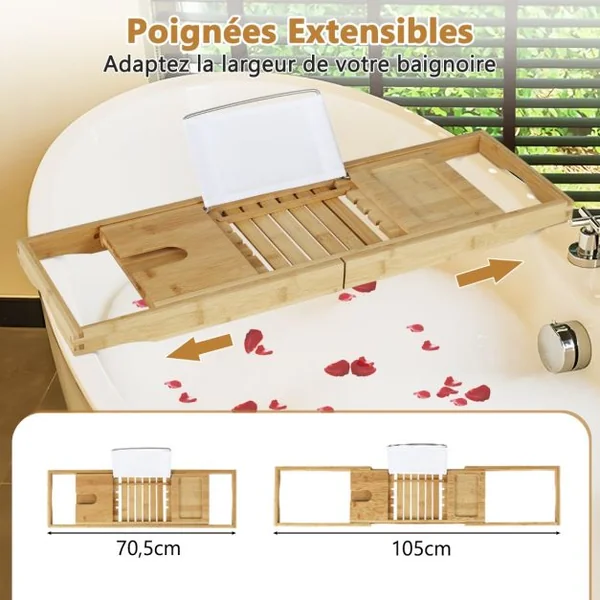 Plateau de Baignoire en Bambou Plateau de Bain Extensible avec Support de Livre Réglable Plateau de Rangement Latéral Porte-Boissons Naturel
