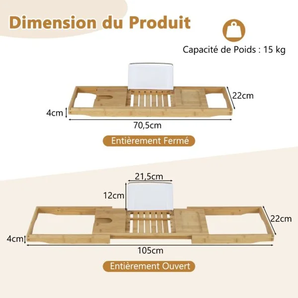 Plateau de Baignoire en Bambou Plateau de Bain Extensible avec Support de Livre Réglable Plateau de Rangement Latéral Porte-Boissons Naturel