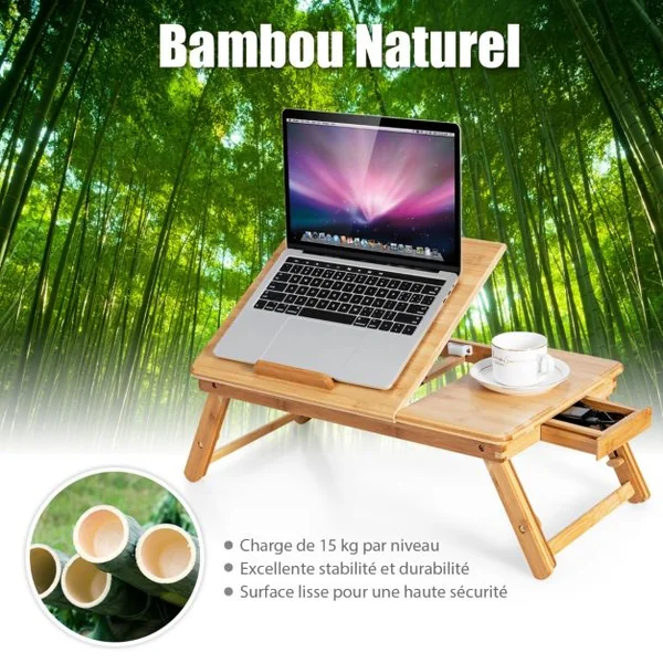 Plateau de Lit Inclinable Réglable en Bambou Plateau et Tiroir Inclinables à 4 Niveaux Support Pliable pour Ordinateur Portable